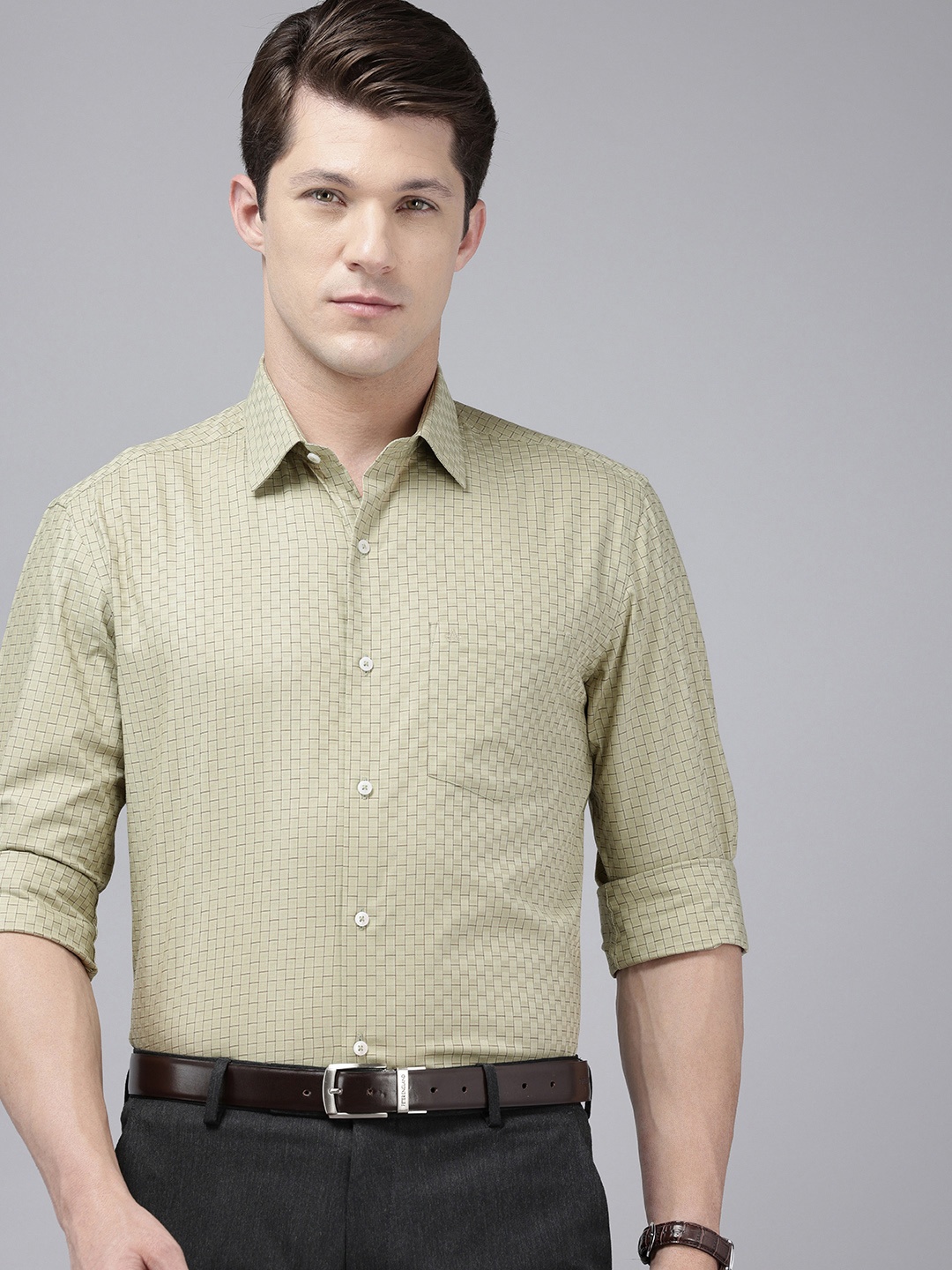 

Arrow Manhattan Slim Fit Geometric Self Design Pure Cotton Formal Shirt, Green