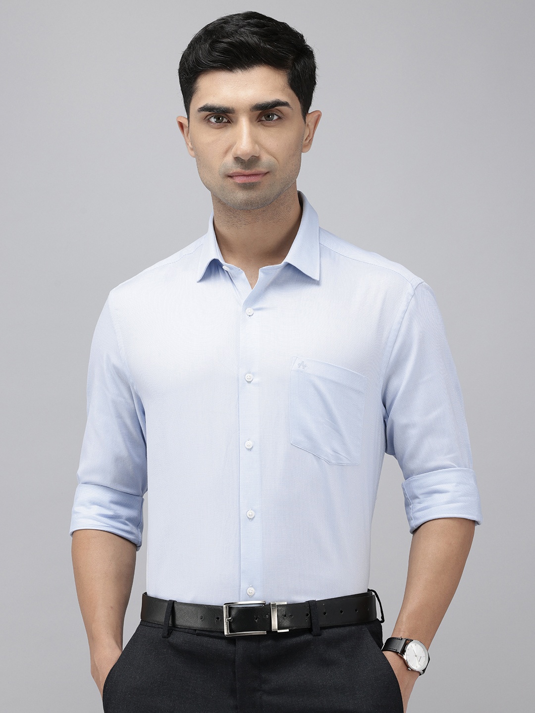 

Arrow Pure Cotton Self Design Manhattan Slim Fit Opaque Formal Shirt, Blue