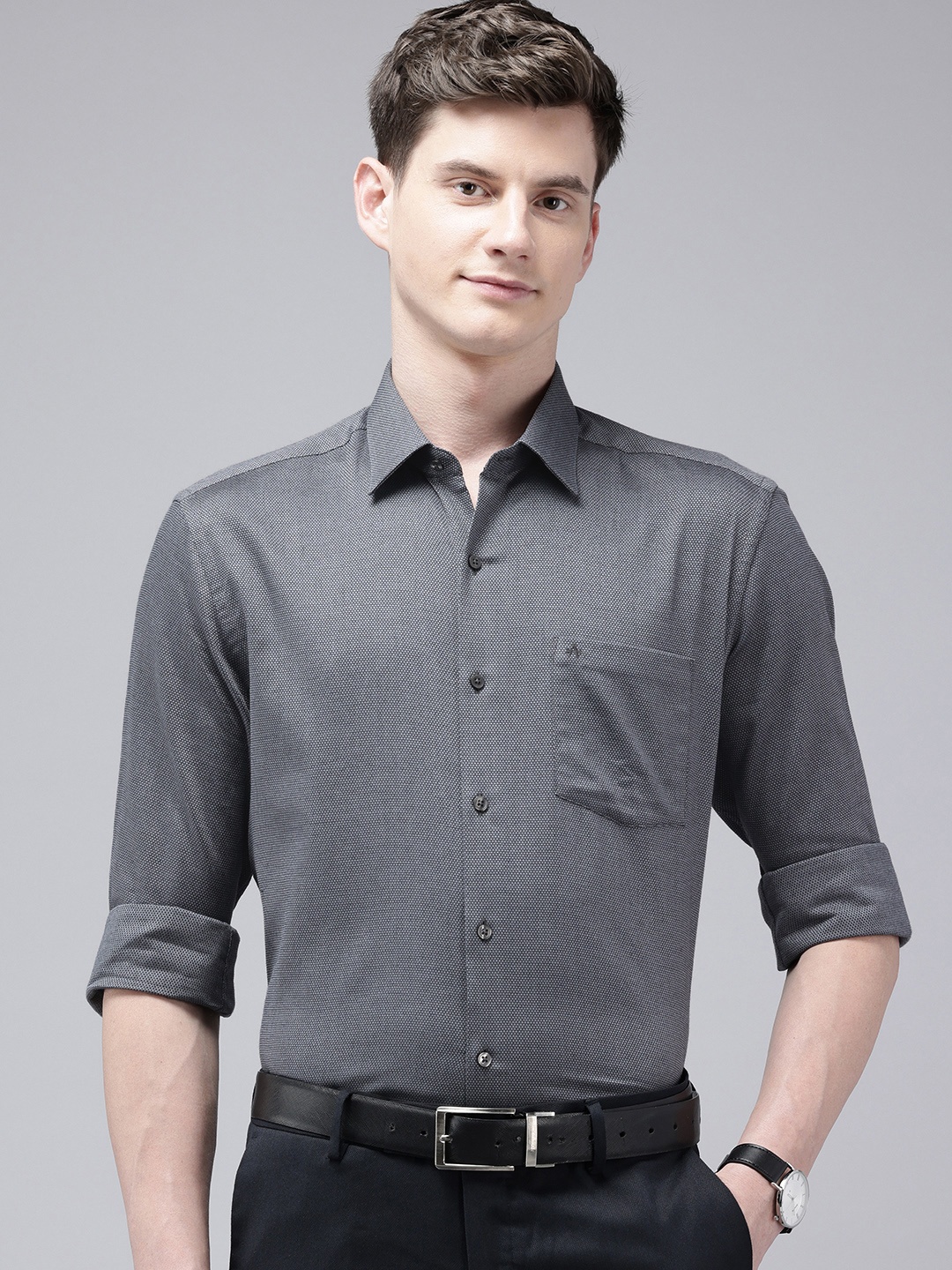 

Arrow Manhattan Slim Fit Textured Self Design Pure Cotton Formal Shirt, Grey