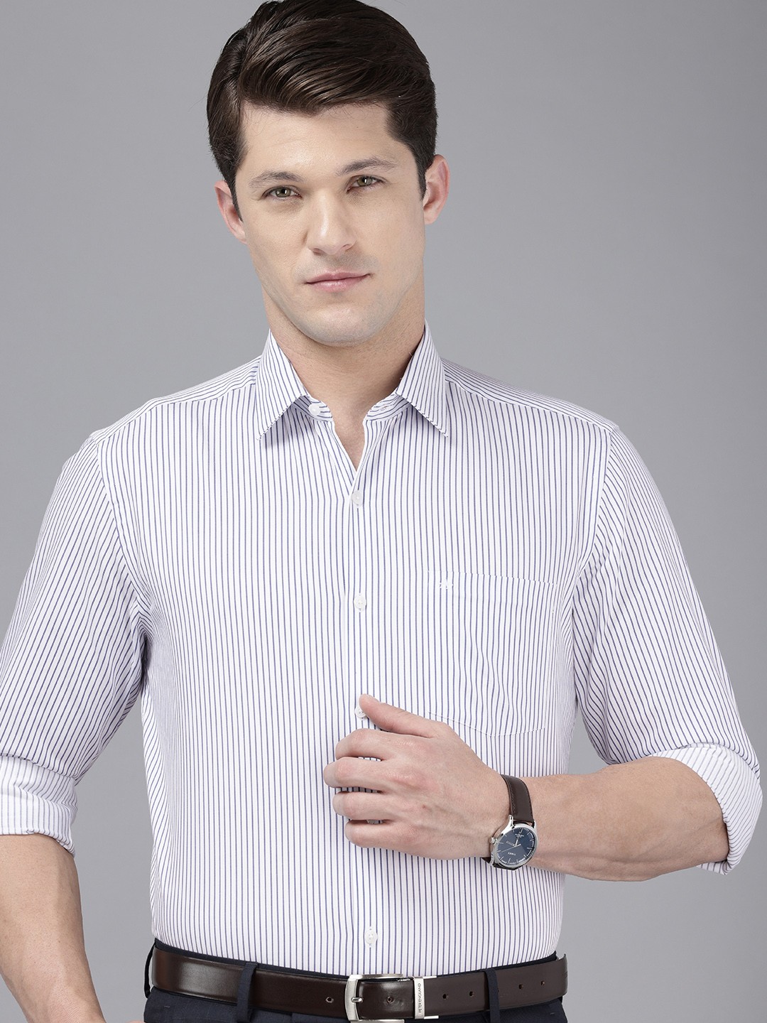 

Arrow Pure Cotton Manhattan Slim Fit Striped Formal Shirt, Blue