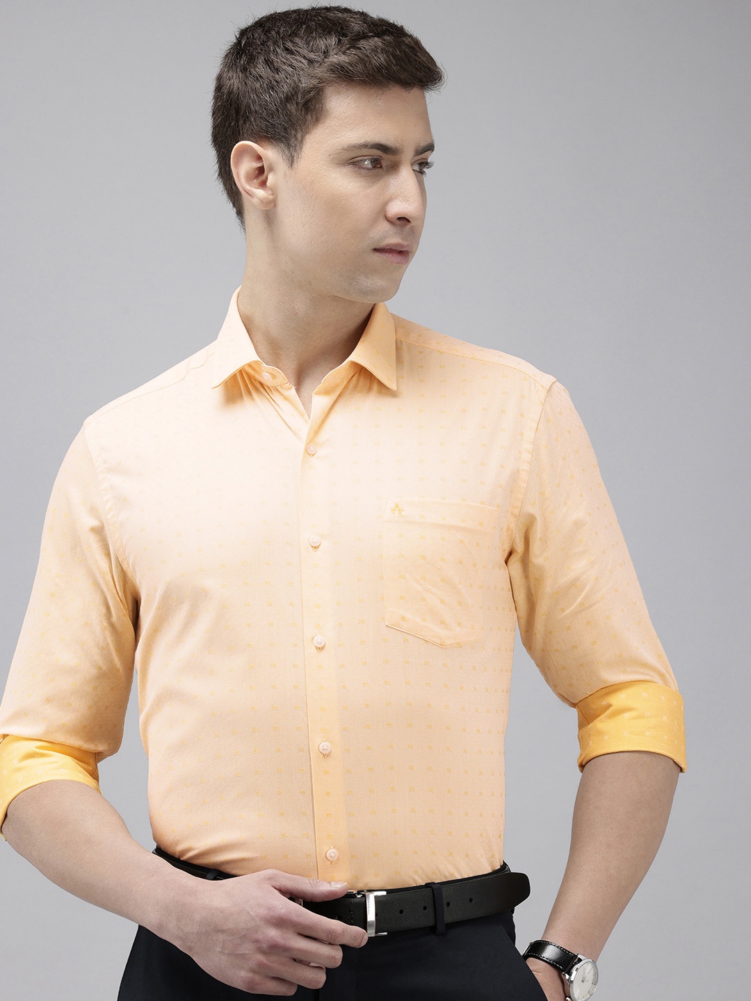 

Arrow Pure Cotton Self Design Manhattan Slim Fit Textured Formal Shirt, Yellow