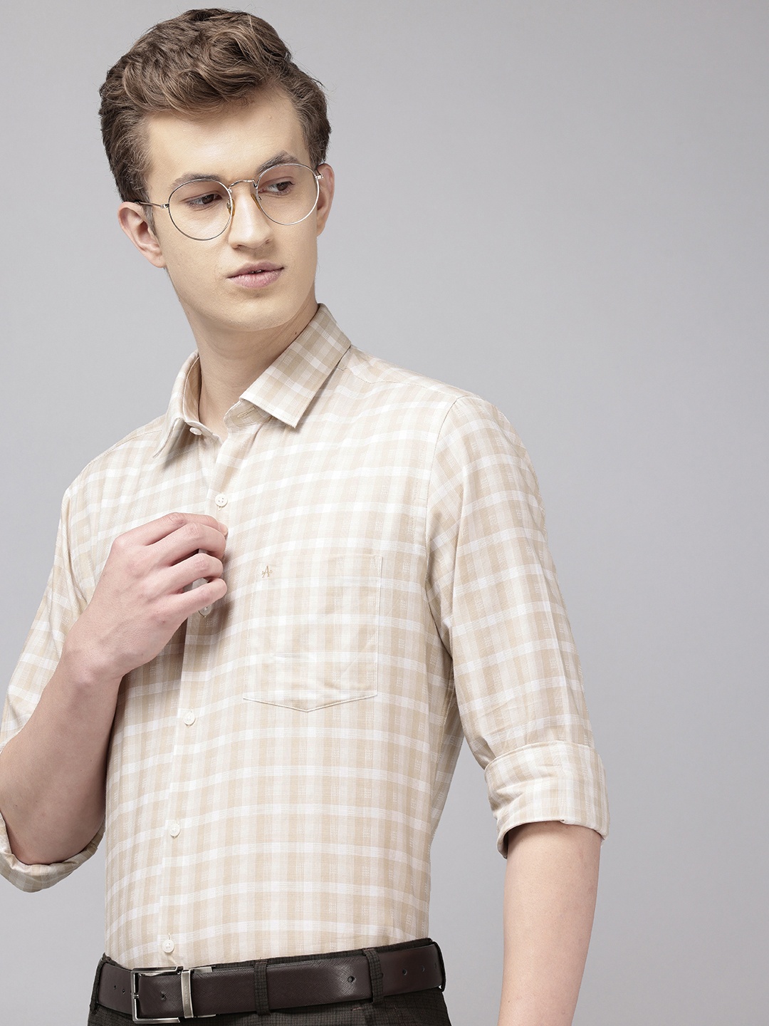 

Arrow Manhattan Slim Fit Opaque Checked Pure Cotton Formal Shirt, Beige