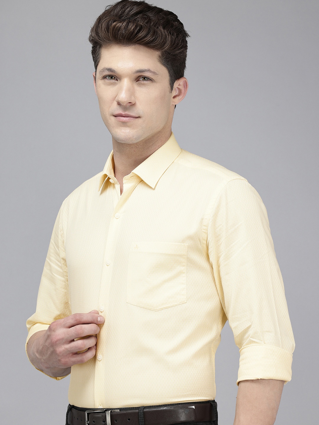 

Arrow Manhattan Slim Fit Opaque Self Design Textured Pure Cotton Formal Shirt, Yellow