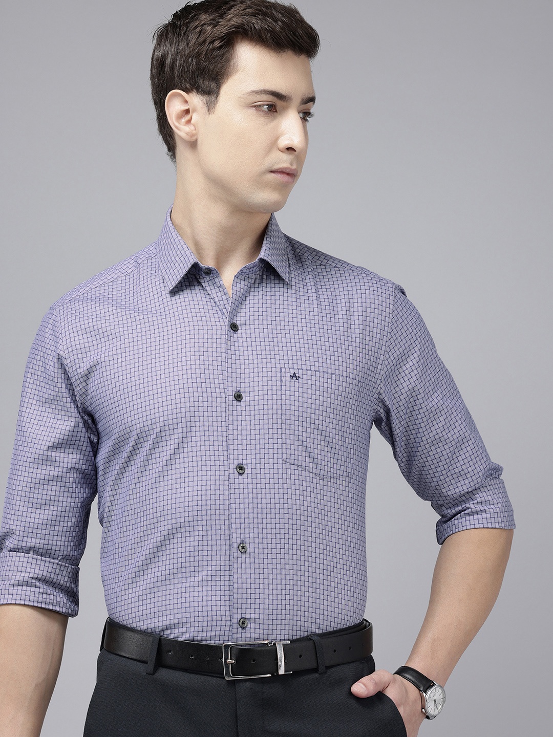 

Arrow Manhattan Slim Fit Geometric Self Design Pure Cotton Formal Shirt, Purple