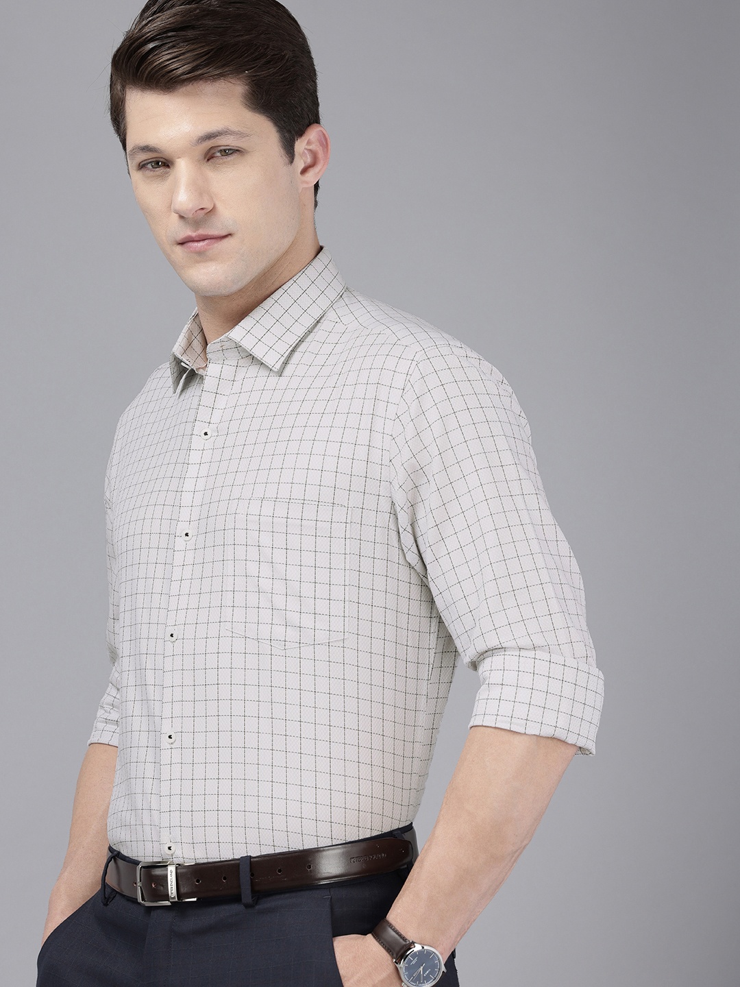 

Arrow Manhattan Slim Fit Checked Pure Cotton Formal Shirt, Grey
