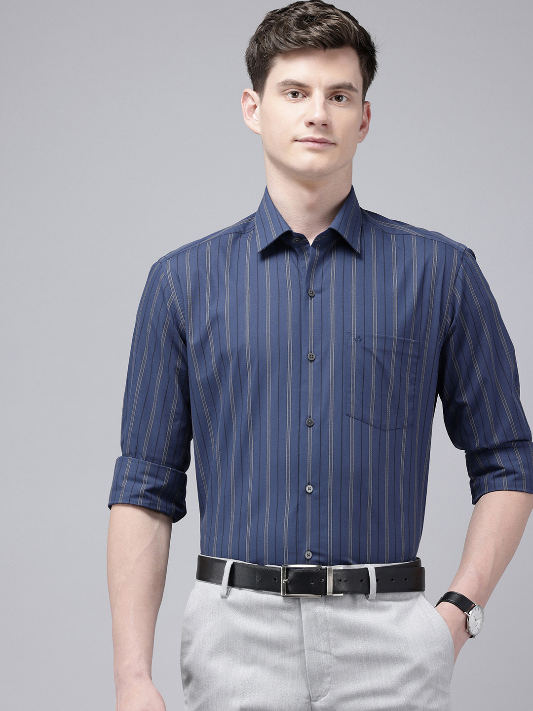 

Arrow Manhattan Slim Fit Opaque Striped Pure Cotton Formal Shirt, Blue