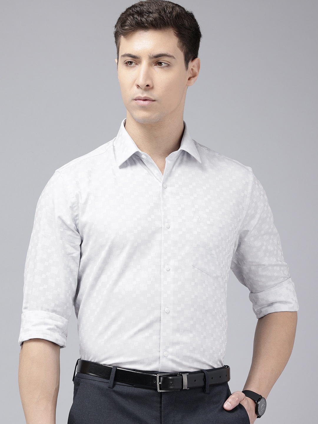 

Arrow Men Manhattan Slim Fit Opaque Checked Pure Cotton Formal Shirt, Grey