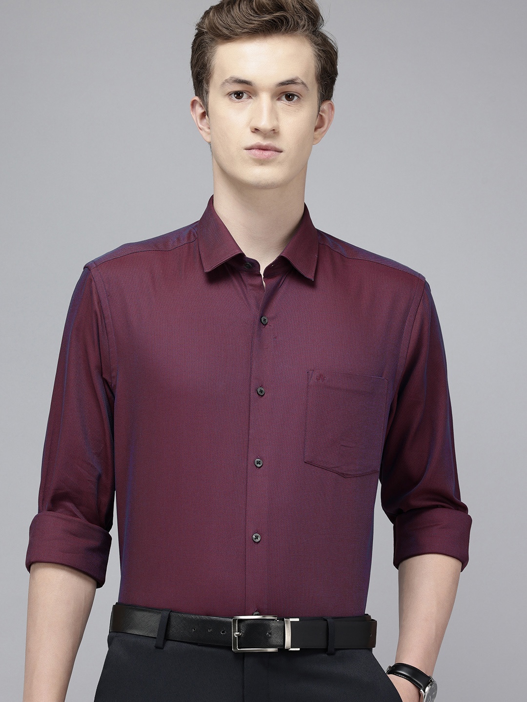 

Arrow Manhattan Slim Fit Opaque Self Design Textured Pure Cotton Formal Shirt, Purple