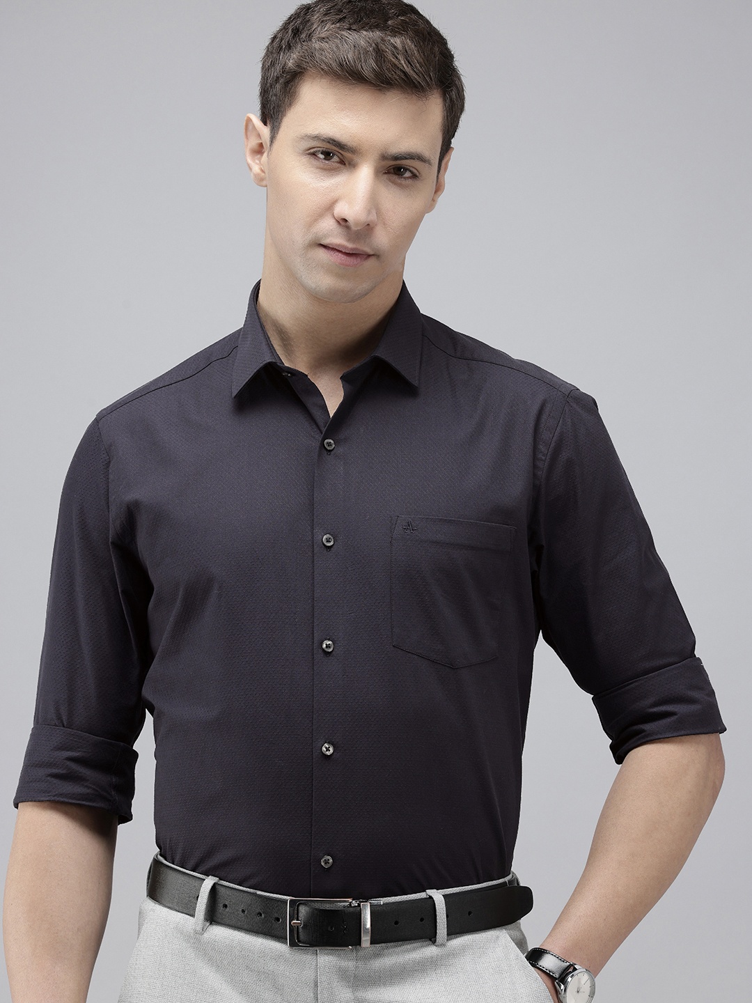 Arrow Pure Cotton Self Design Manhattan Slim Fit Textured Formal Shirt, Navy blue