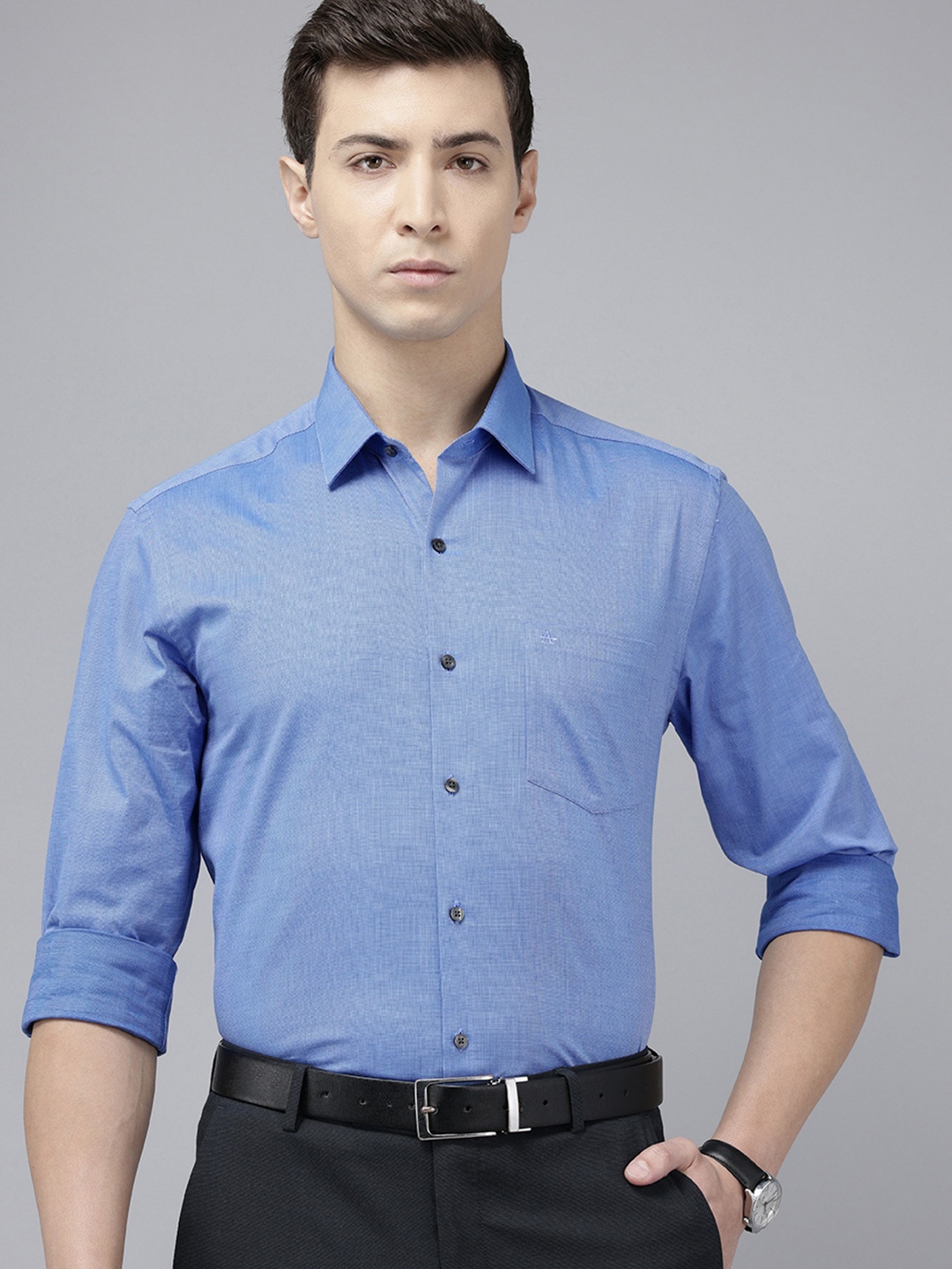 

Arrow Pure Cotton Self Design Manhattan Slim Fit Opaque Formal Shirt, Blue