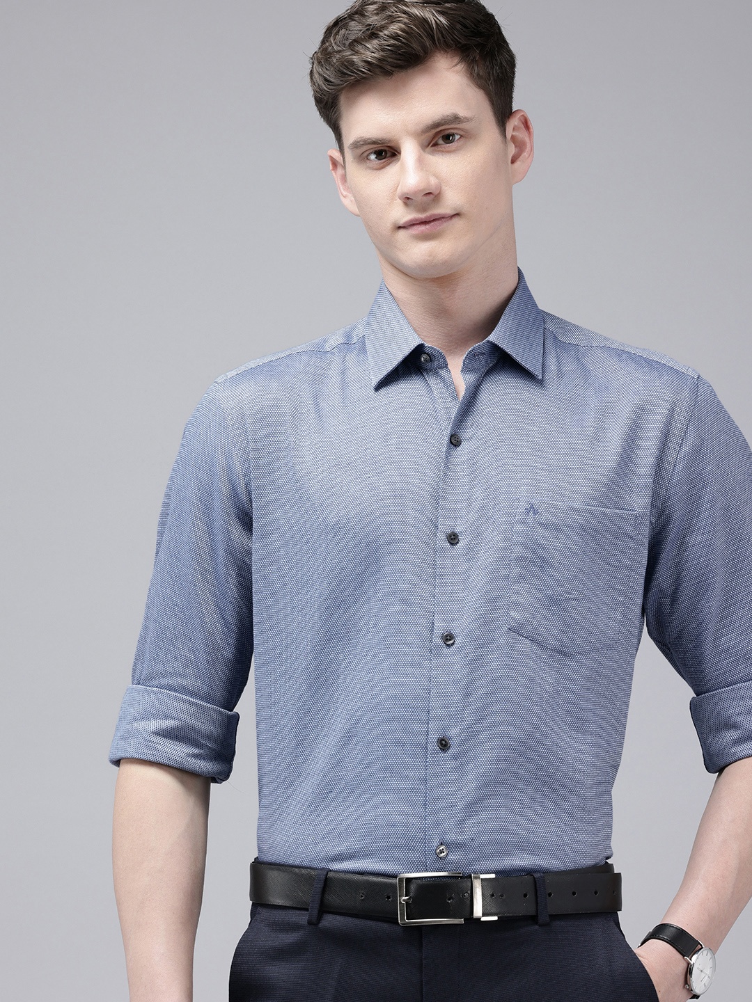 

Arrow Manhattan Slim Fit Textured Self Design Pure Cotton Formal Shirt, Blue