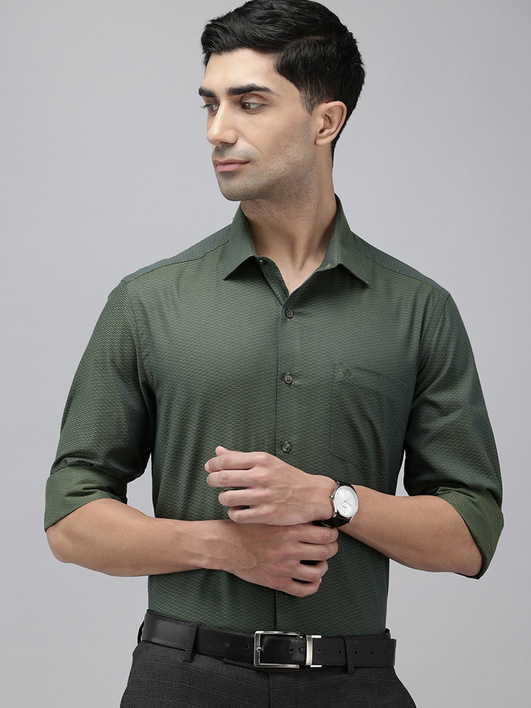 Arrow Pure Cotton Self Design Manhattan Slim Fit Textured Formal Shirt, Green