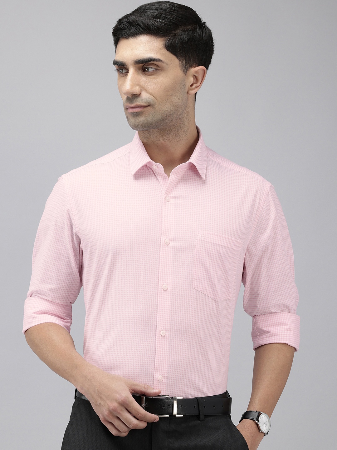 

Arrow Pure Cotton Manhattan Slim Fit Checked Textured Formal Shirt, Pink