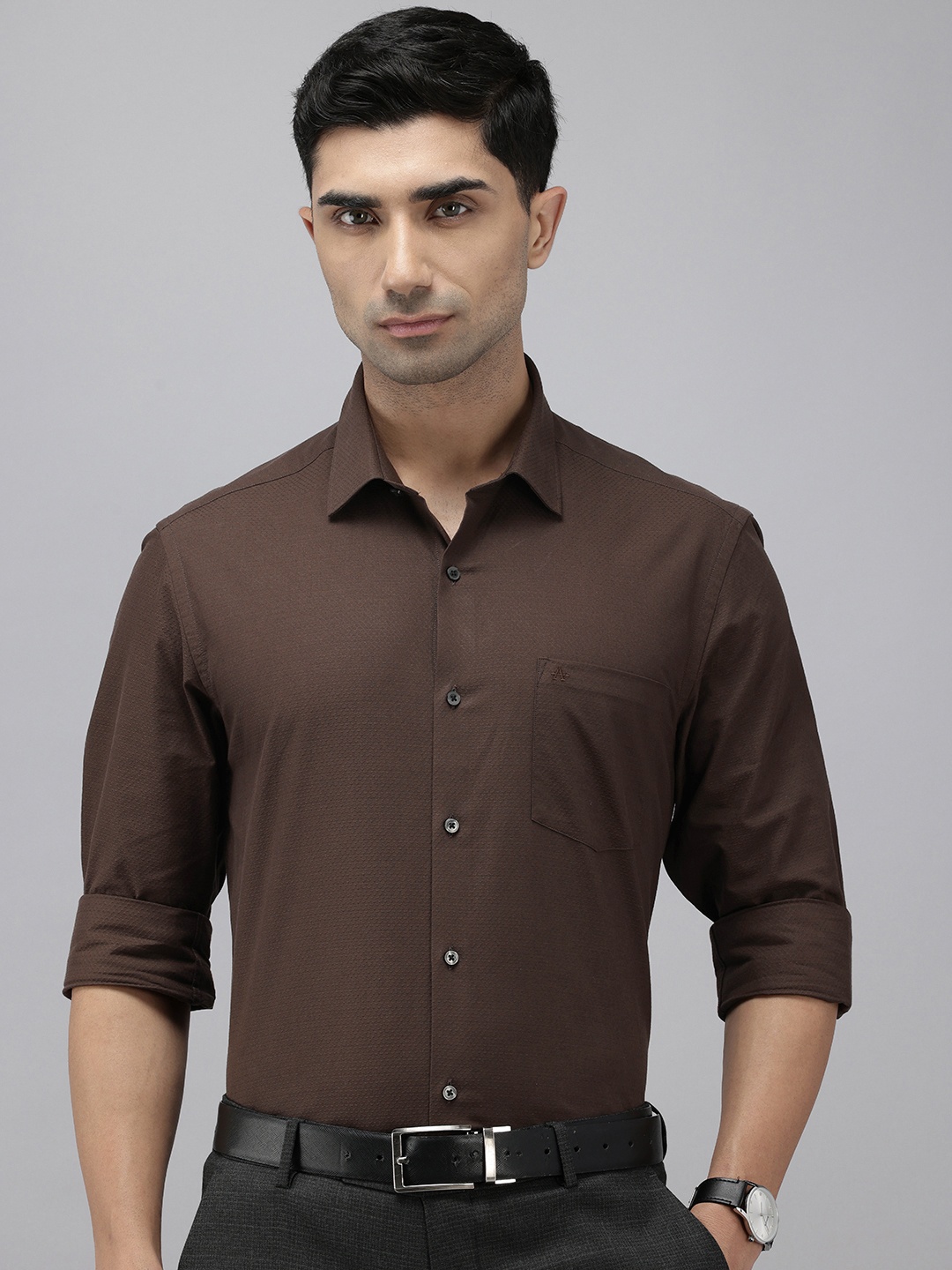 

Arrow Pure Cotton Self Design Manhattan Slim Fit Textured Formal Shirt, Brown