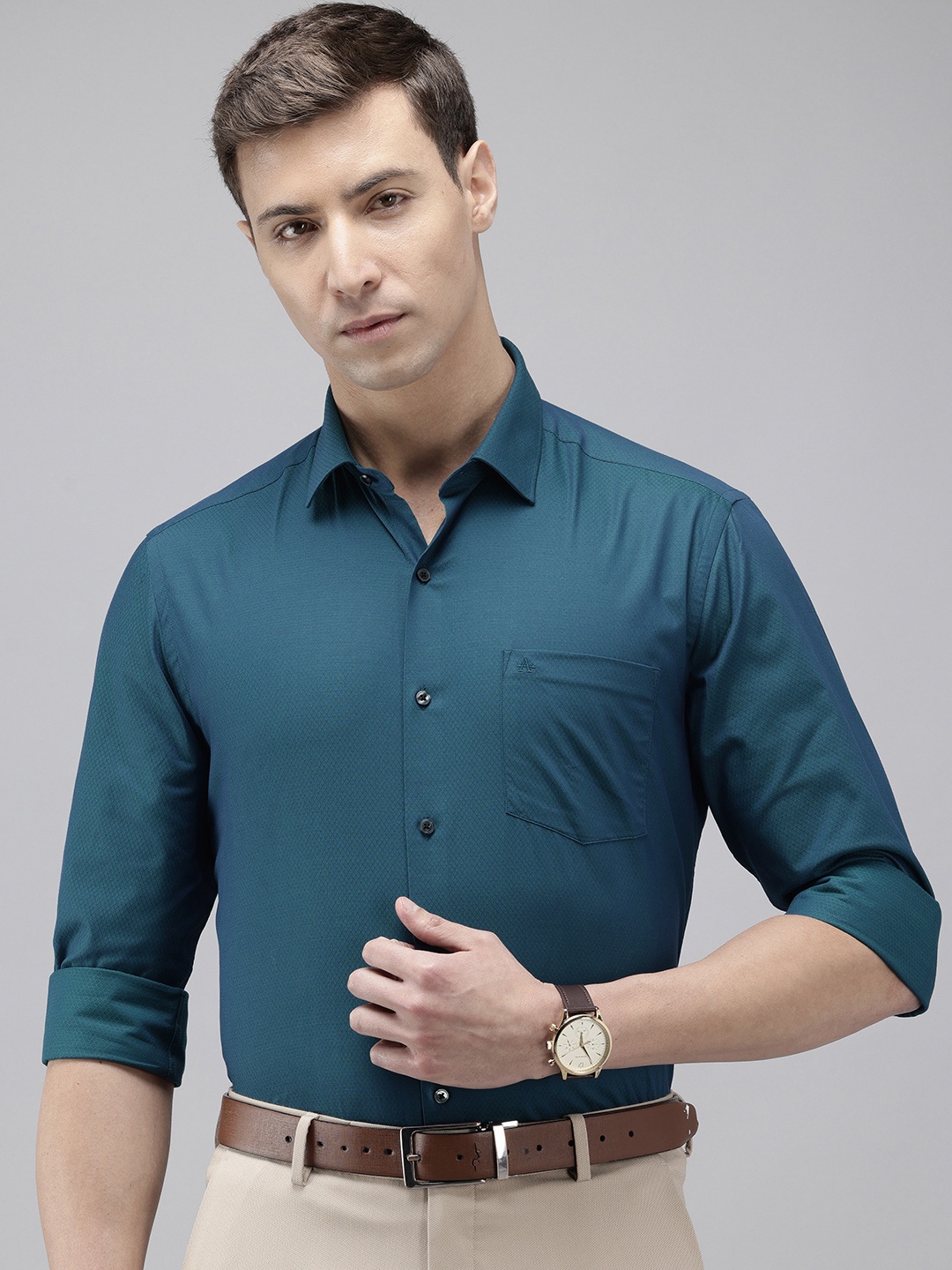 

Arrow Pure Cotton Self Design Manhattan Slim Fit Textured Formal Shirt, Green