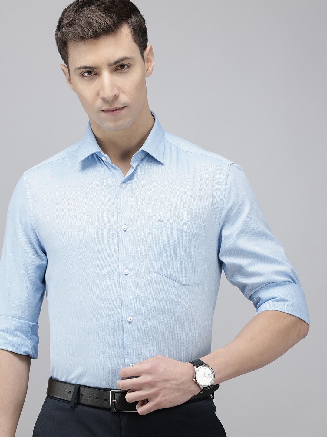 

Arrow Pure Cotton Self Design Manhattan Slim Fit Opaque Formal Shirt, Blue