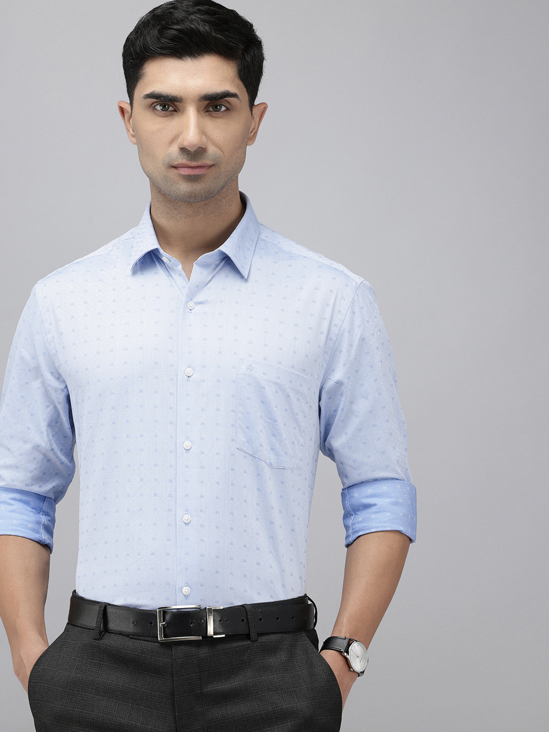 

Arrow Pure Cotton Self Design Manhattan Slim Fit Opaque Formal Shirt, Blue