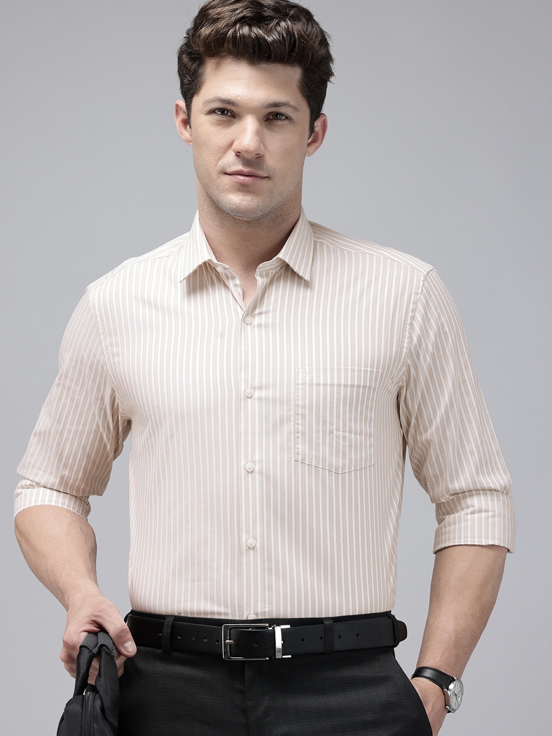

Arrow Manhattan Slim Fit Striped Pure Cotton Formal Shirt, Beige