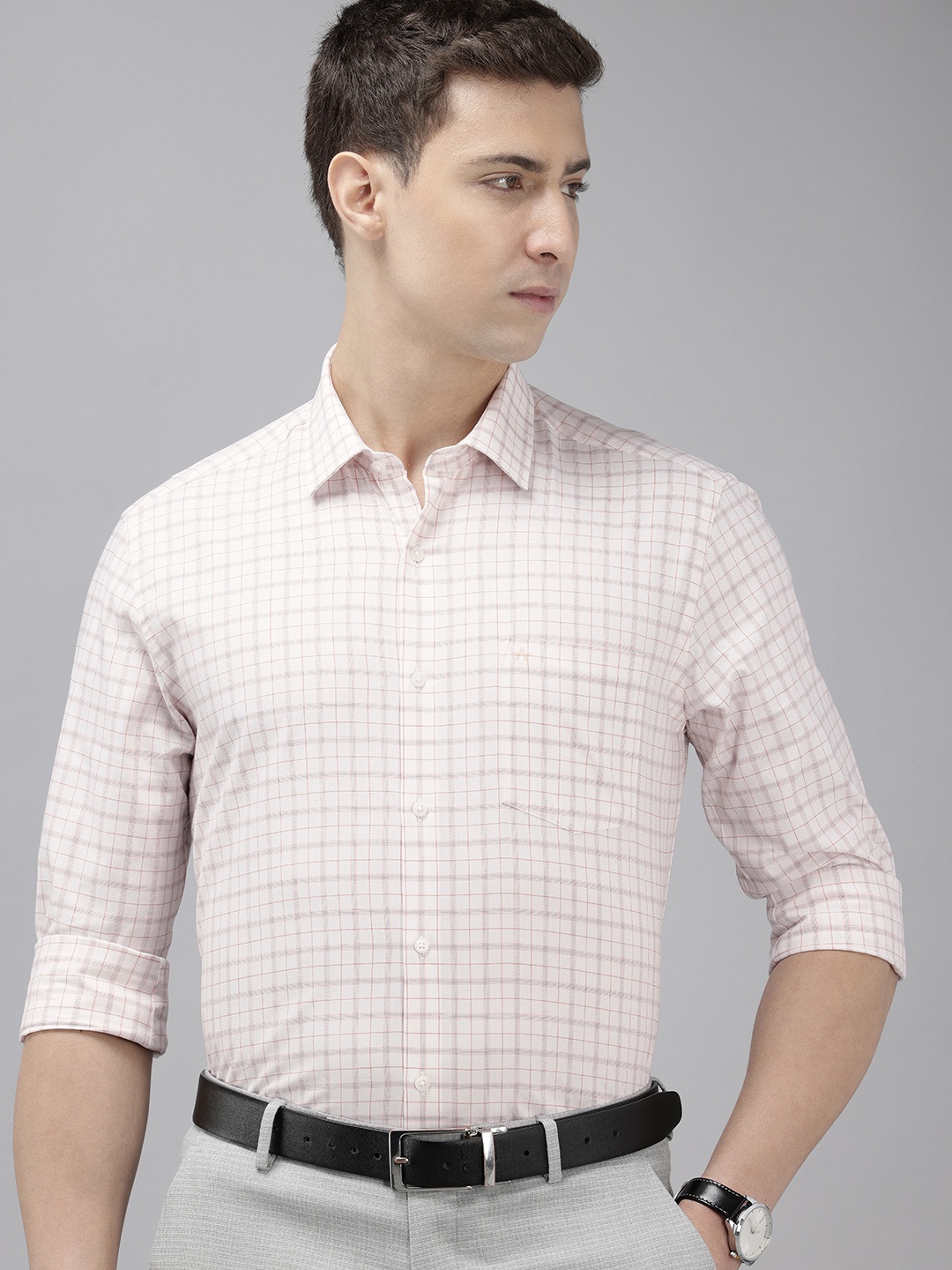 

Arrow Pure Cotton Manhattan Slim Fit Self-Design Checked Formal Shirt, Peach