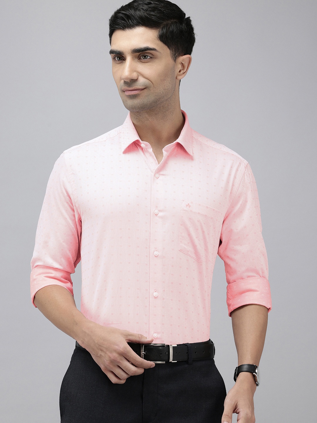 

Arrow Pure Cotton Self Design Manhattan Slim Fit Opaque Formal Shirt, Peach