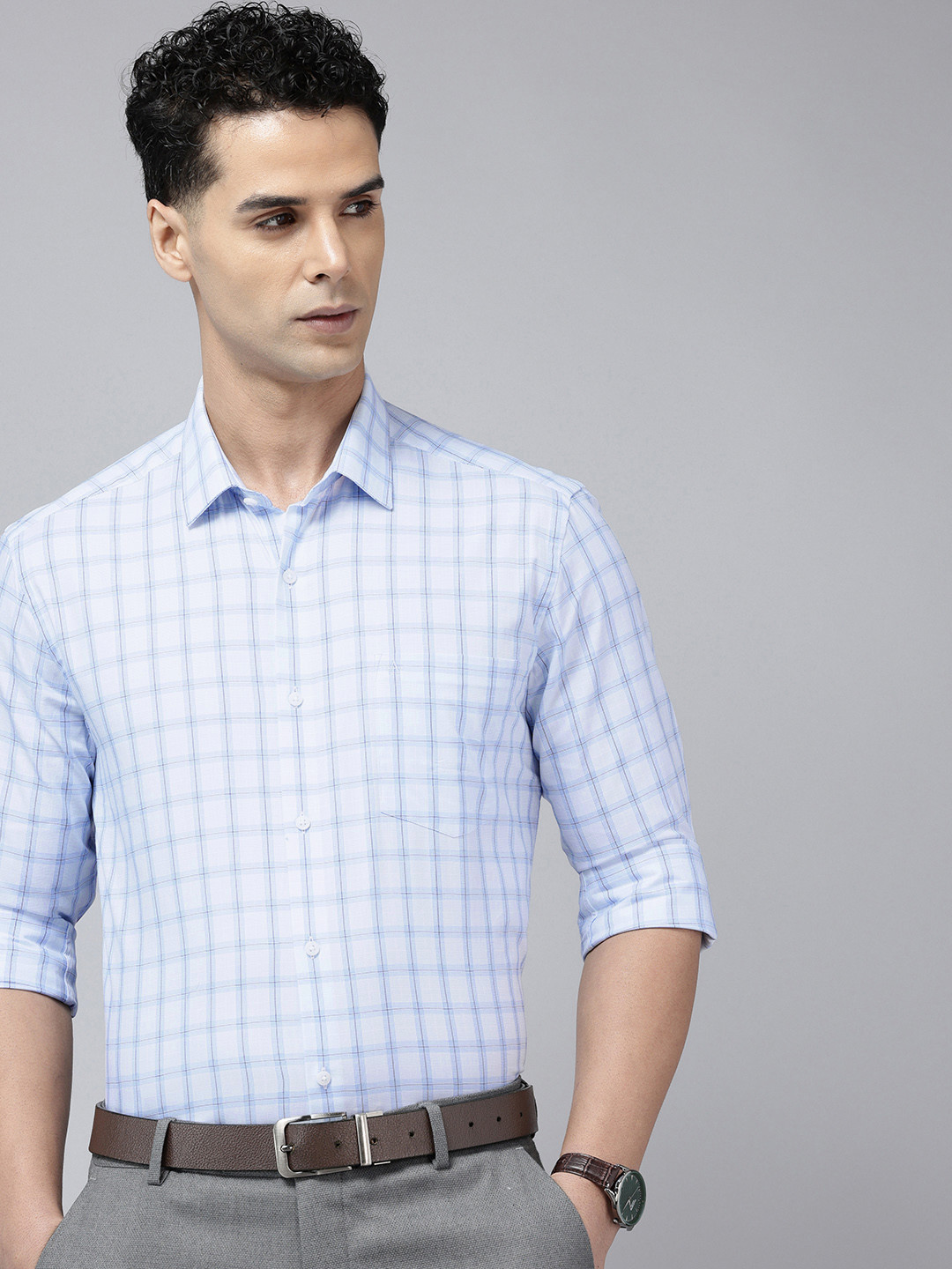 

Arrow Pure Cotton Manhattan Slim Fit Checked Formal Shirt, Blue