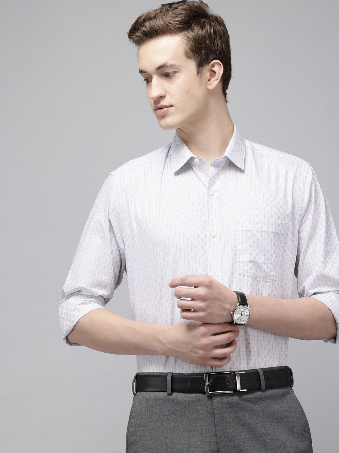 

Arrow Manhattan Slim Fit Checked Pure Cotton Formal Shirt, Grey