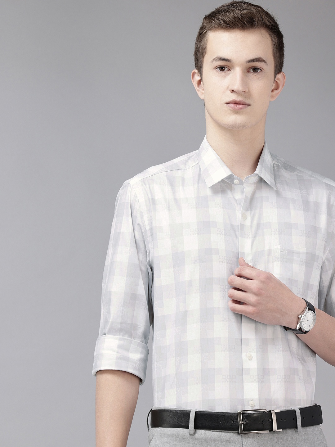 

Arrow Manhattan Slim Fit Checked Pure Cotton Formal Shirt, Grey