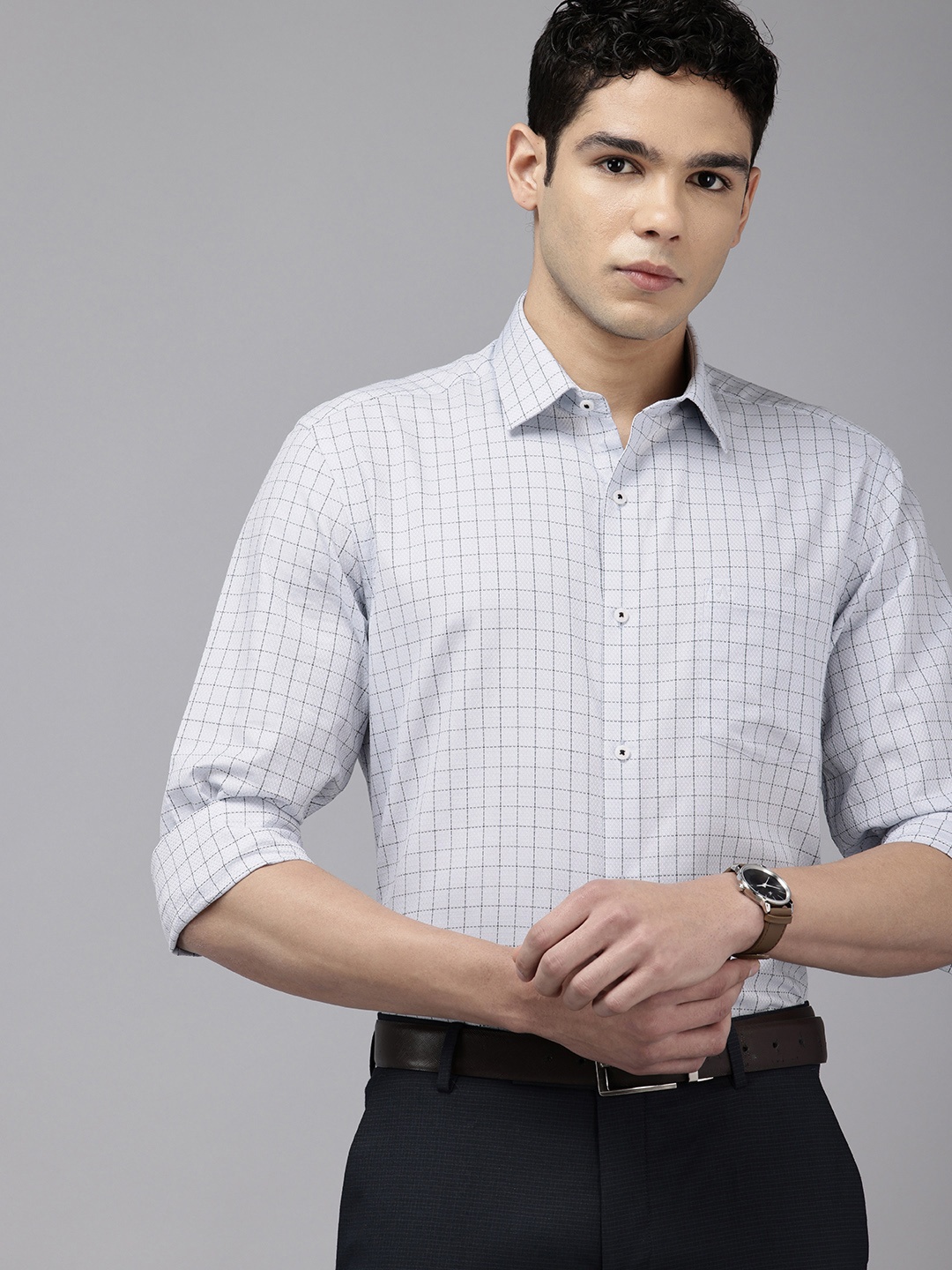 

Arrow Manhattan Slim Fit Checked Pure Cotton Formal Shirt, Grey