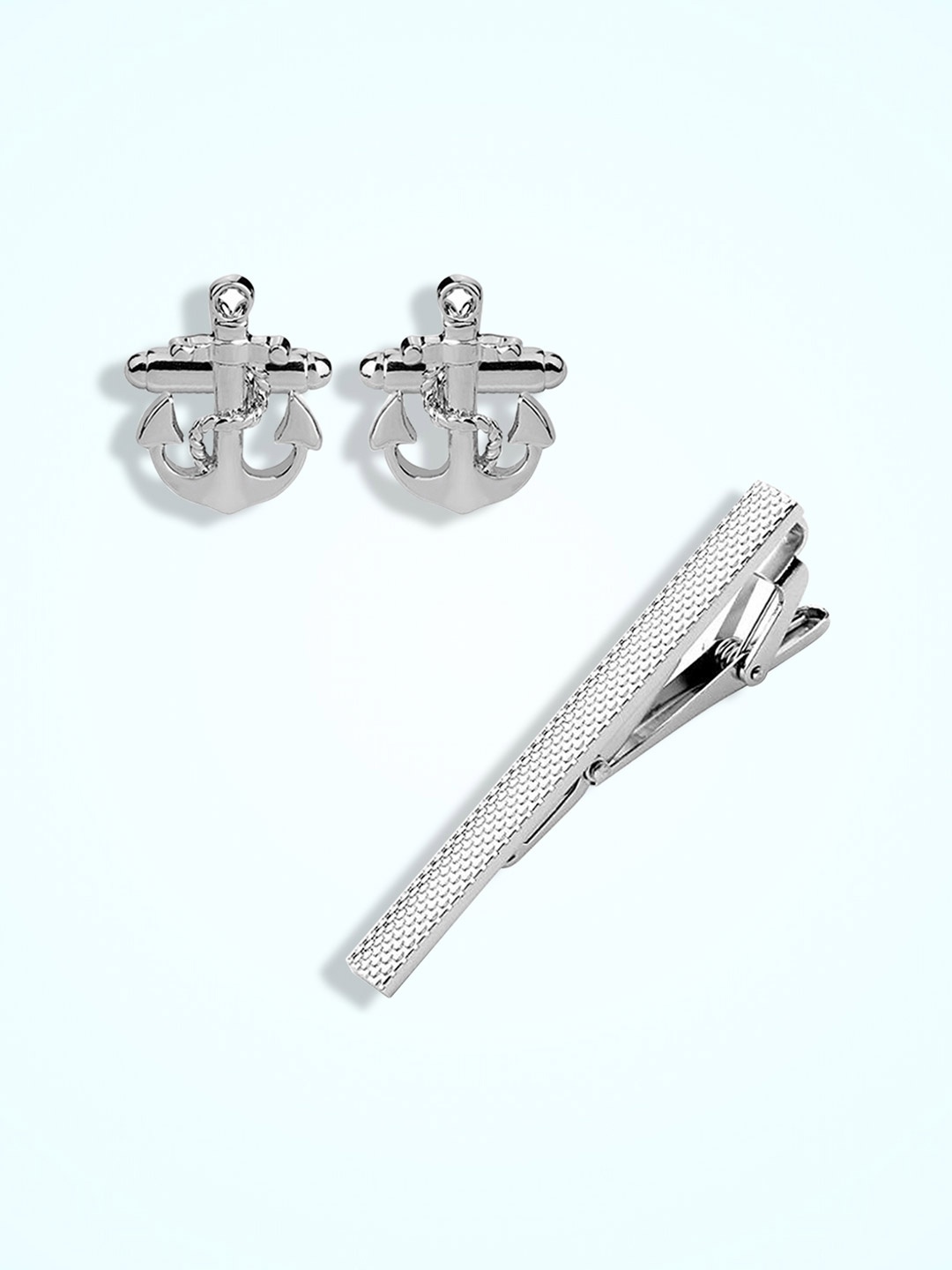 

Peora Men Silver Plated Nautical Anchor Cufflinks with Tie Bar
