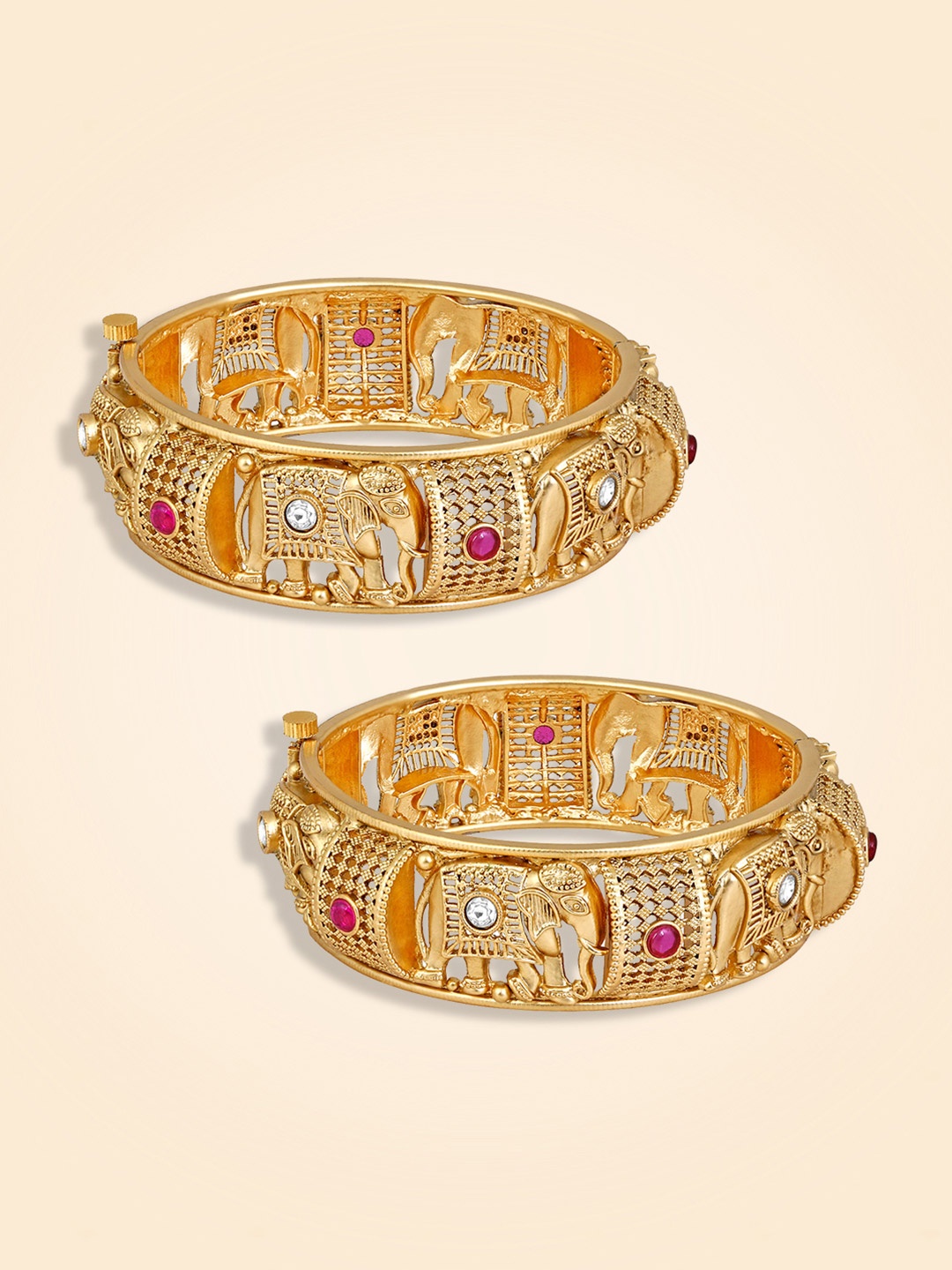 

Peora Set Of 2 Gold Plated Elephant Motif Artificial Stones Kada Bangle