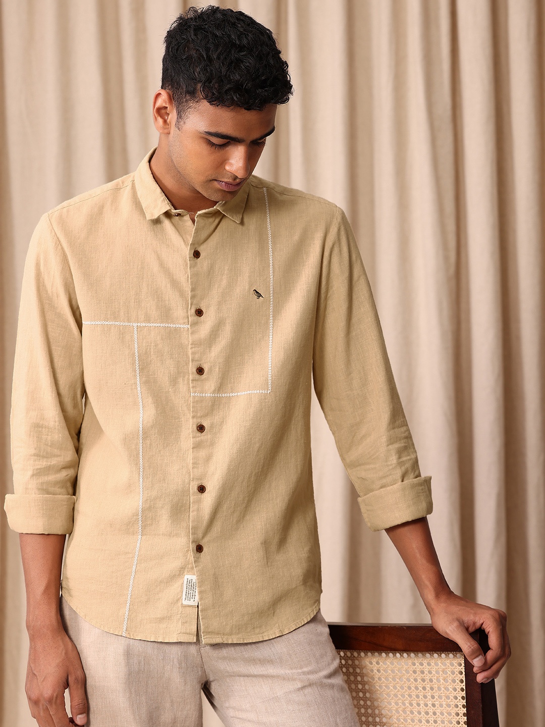 

Mr Bowerbird Premium Tailored Fit Casual Shirt with Embroidered Detail, Beige