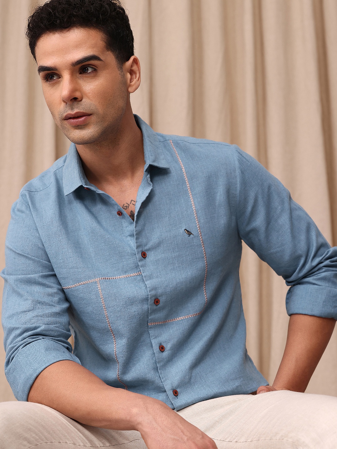 

Mr Bowerbird Men Premium Tailored Fit Linen Cotton Casual Shirt with Embroidered Detail, Blue