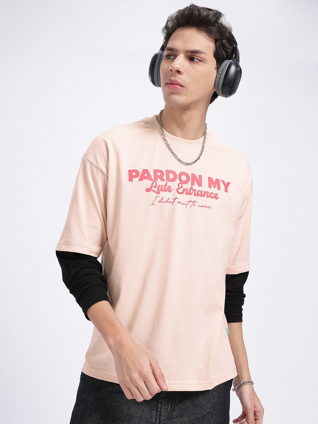 

glitchez Bold Slogans Drop-Shoulder Sleeves Oversized T-shirt, Pink