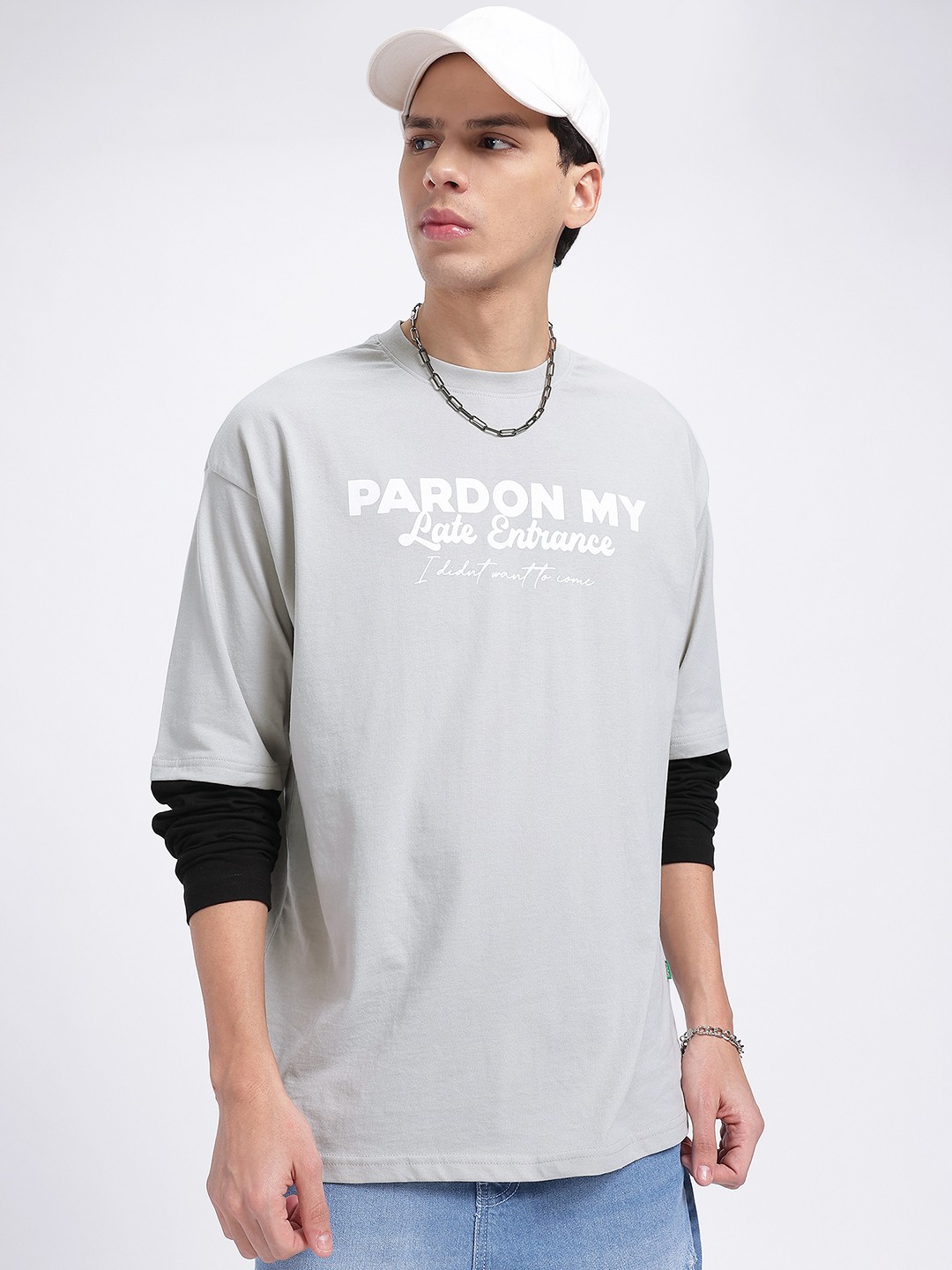 

glitchez Bold Lettering Drop-Shoulder Sleeves Oversized T-shirt, Grey