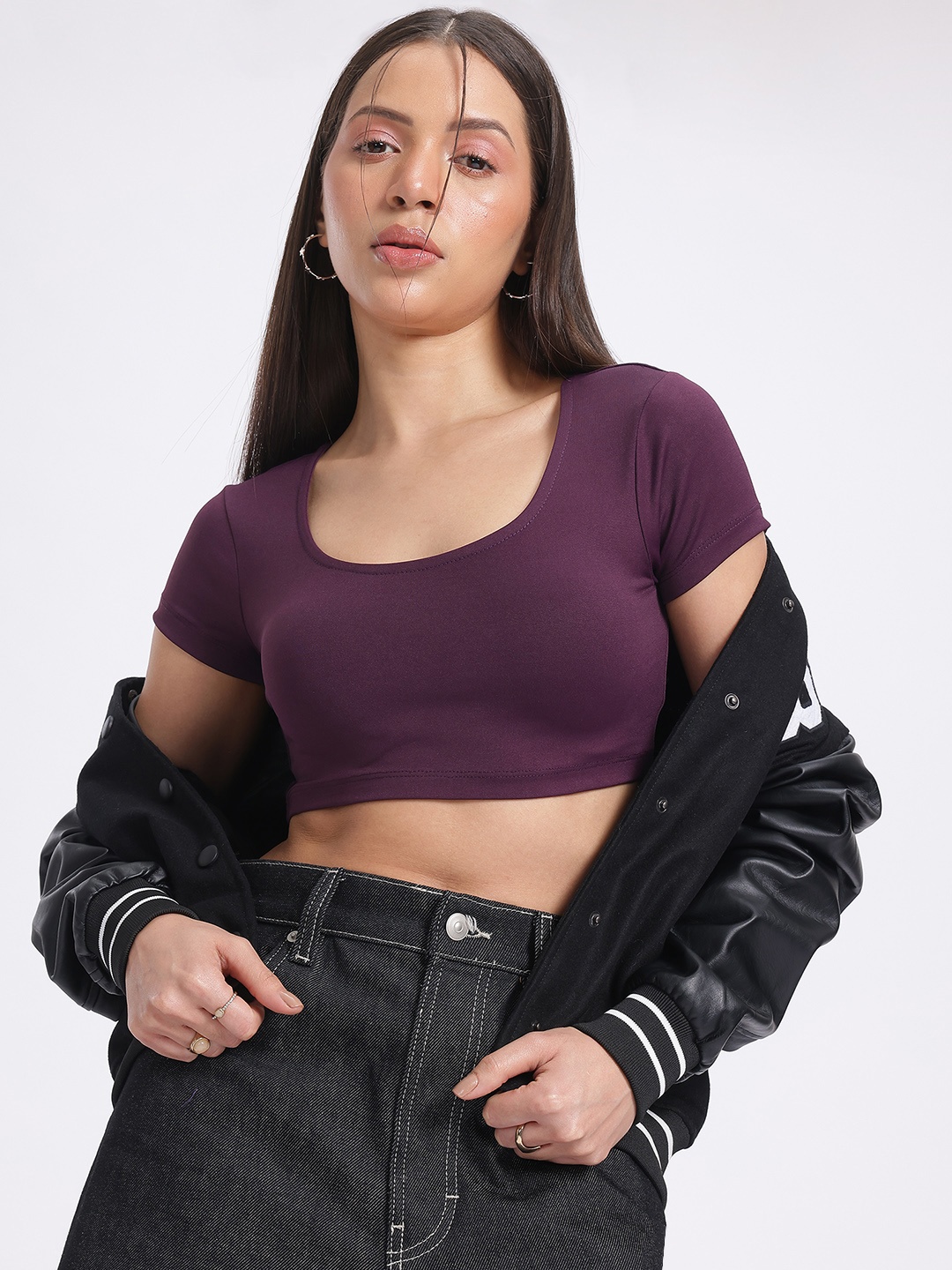 

glitchez Timeless Basics Scoop Neck Crop Fitted Top, Purple