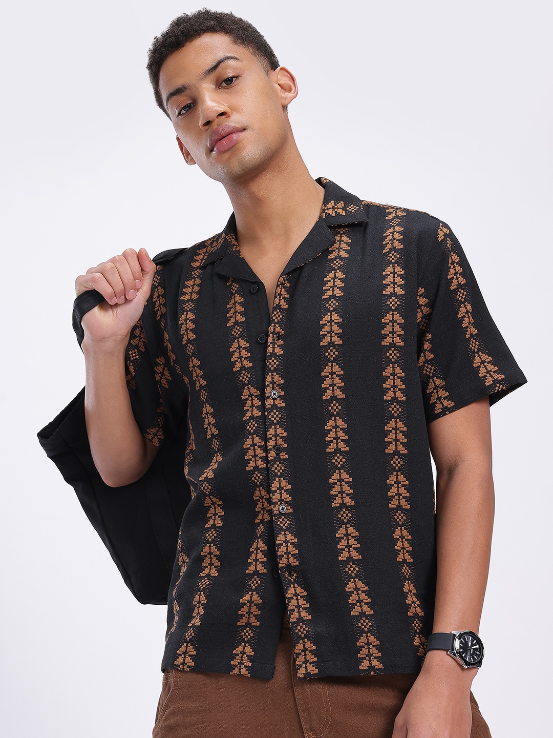 

glitchez Artful Motifs Relaxed Bowling Shirt, Black