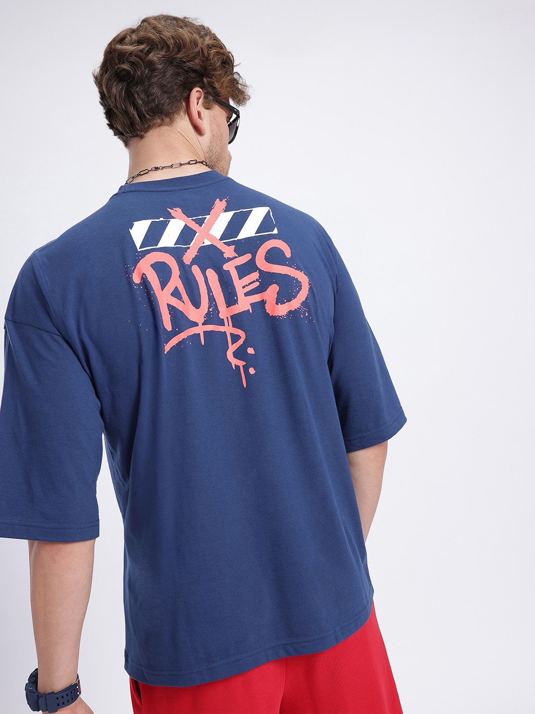 

glitchez Rule Breaker Printed Drop-Shoulder Sleeves Loose Fit T-shirt, Blue