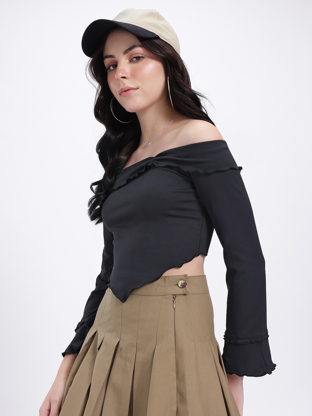 

glitchez Ruffle & Ruche Off-Shoulder Crop Top, Black