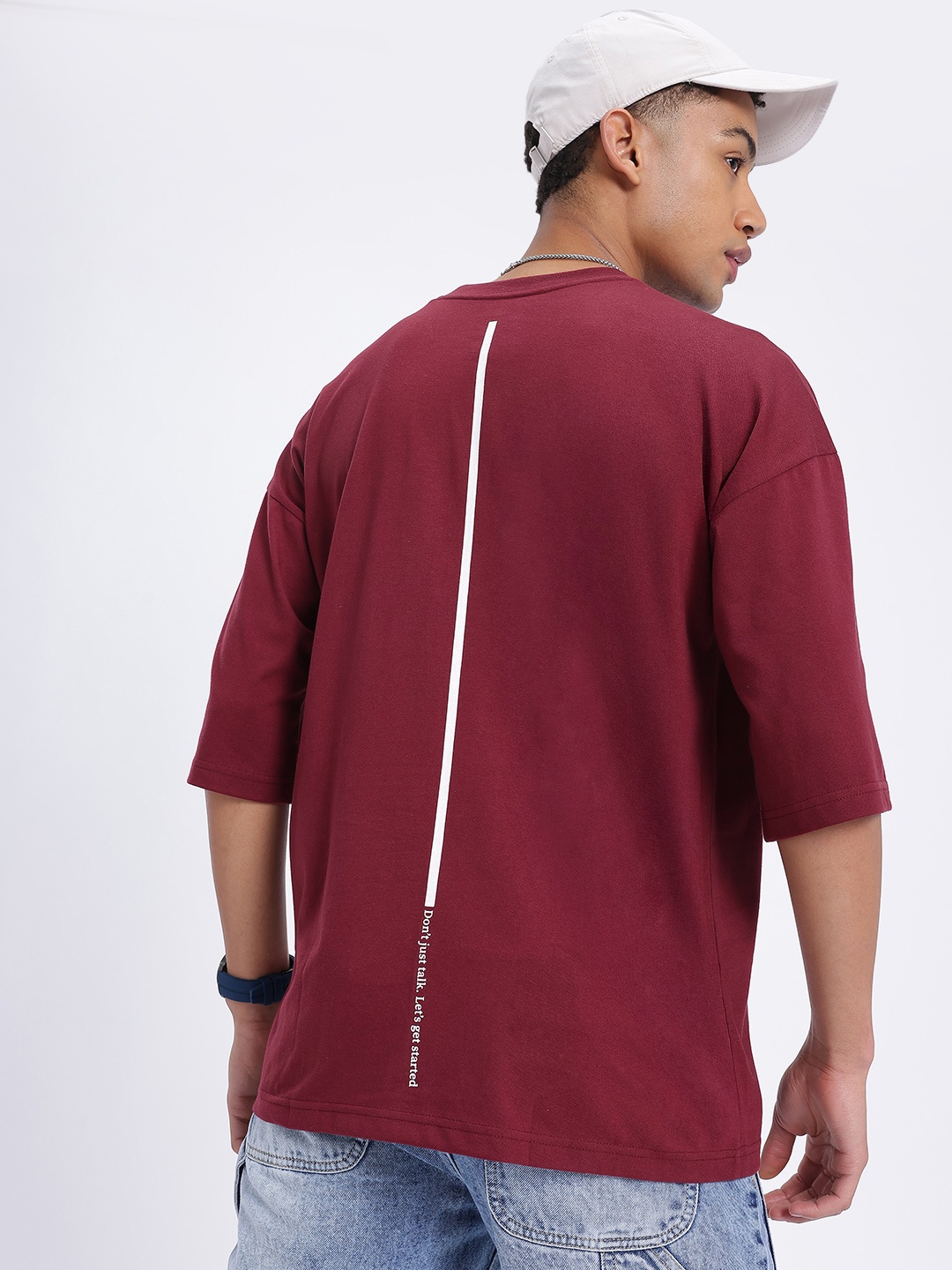 

glitchez Miniature Lettering Drop-Shoulder Sleeves Oversized T-shirt, Maroon