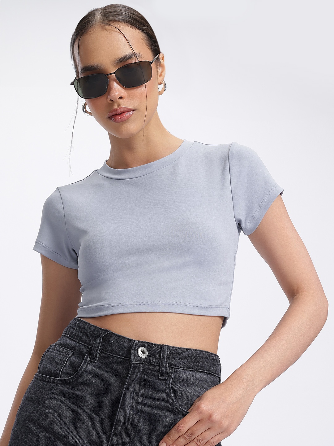

glitchez Basic Essentials Fitted Crop Top, Blue