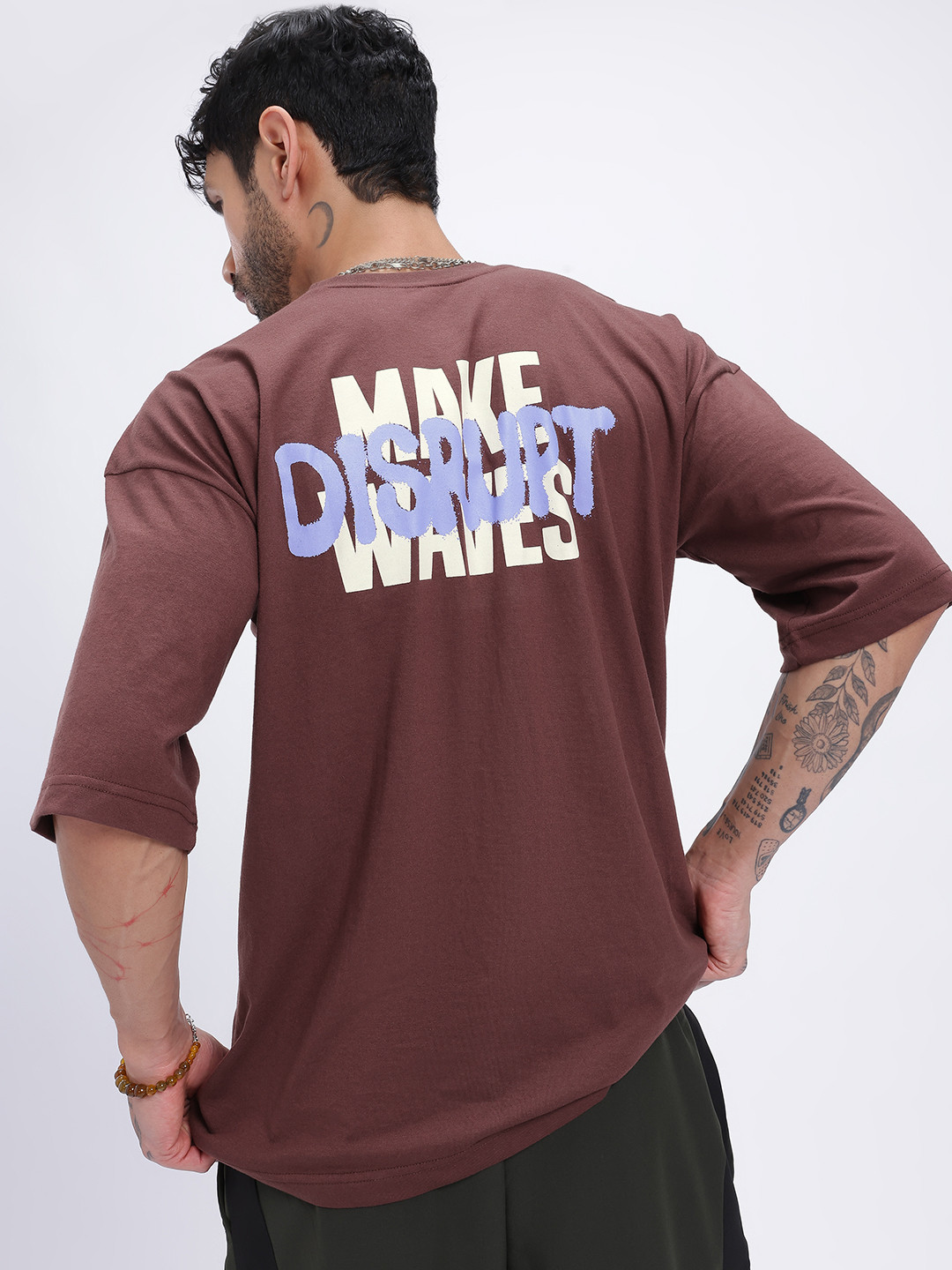 

glitchez Elevated Essentials Printed Oversized Drop-Shoulder T-shirt, Brown