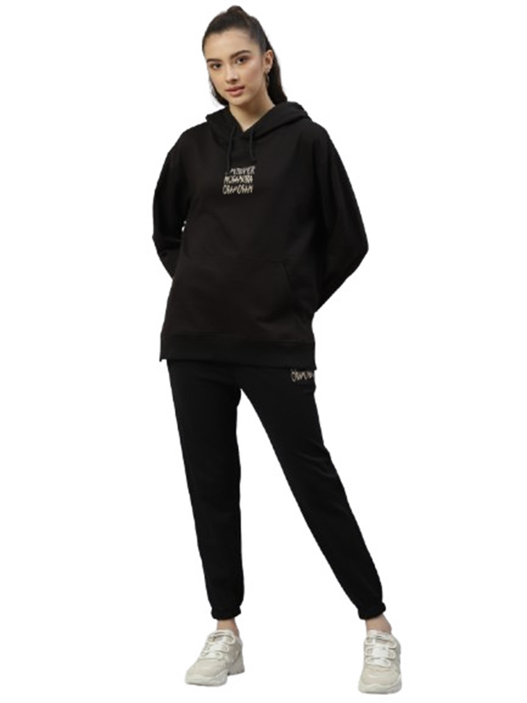 

Laabha Women Printed Hooded Tracksuit, Black