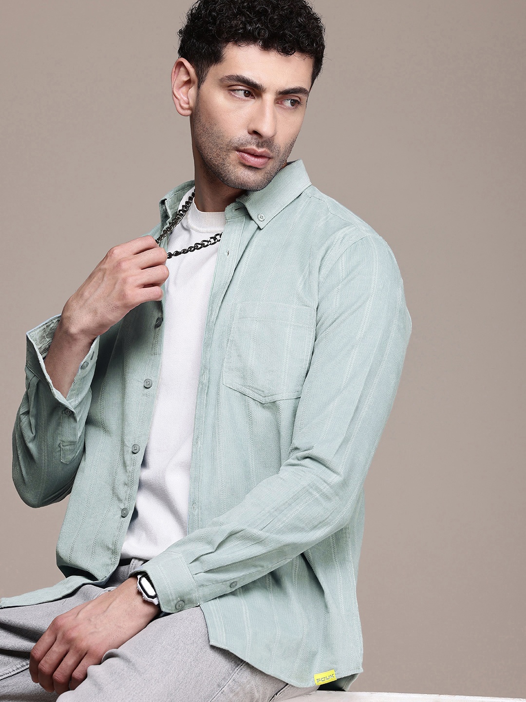 

FCUK Men Premium Slim Fit Corduroy Striped Casual Shirt, Turquoise blue