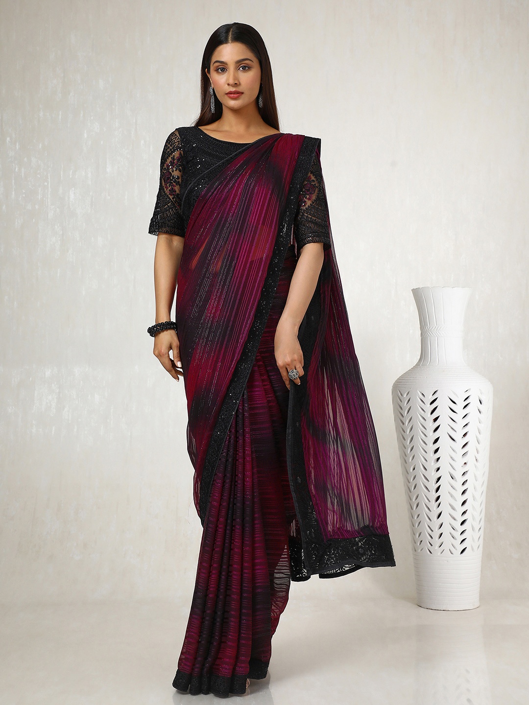 

Soch Striped Sequinned Pure Chiffon Saree, Maroon