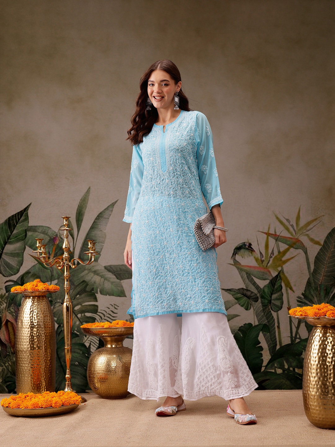 

ADA Ethnic Motifs Embroidered Chikankari Georgette Straight Kurta With Palazzo, Blue