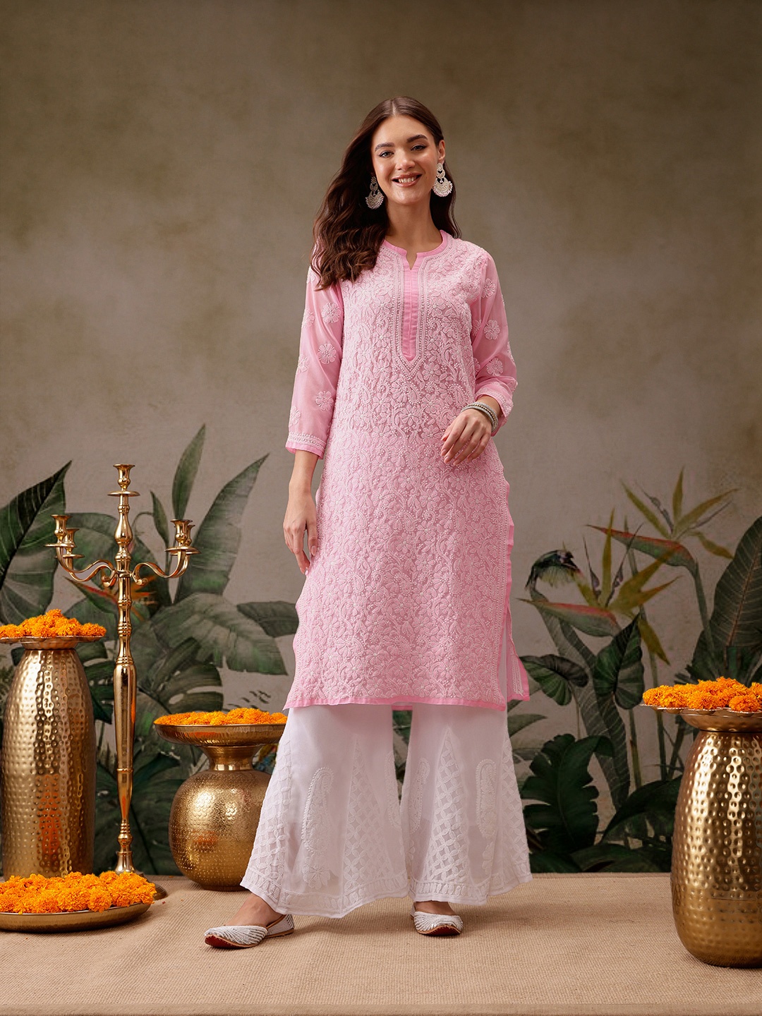 

ADA Women Ethnic Motifs Embroidered Regular Chikankari Kurta with Palazzos, Pink