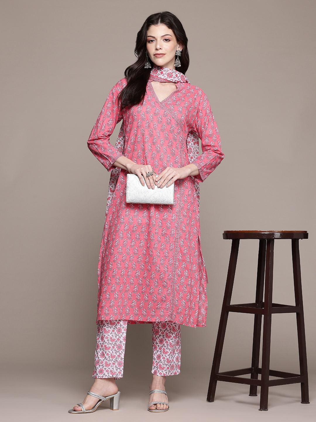 

R RANAK CREATION Floral Printed Pure Cotton Kurta with Palazzos & With Dupatta, Pink