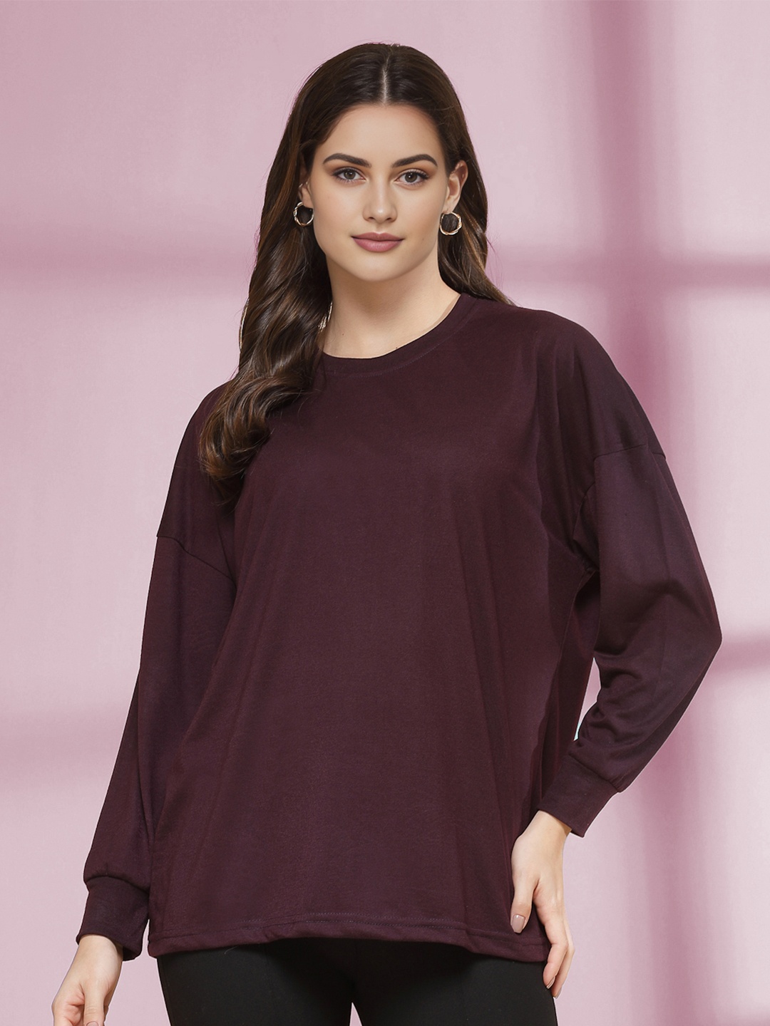 

The Roadster Lifestyle Co Oversized Fit Round Neck Full Sleeve T-Shirt, Violet