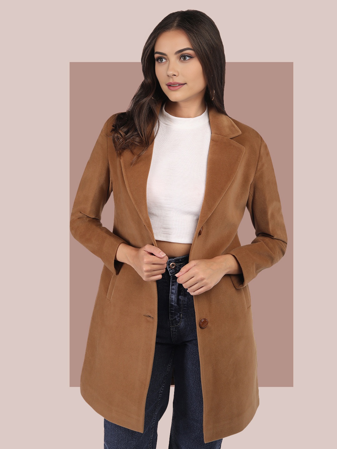 

The Roadster Lifestyle Co Women Single Breasted Winter Wear Lapel Collar Overcoat, Tan