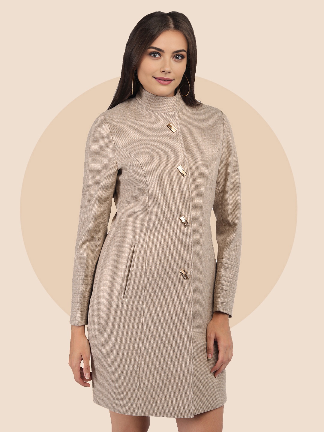 

The Roadster Lifestyle Co Women Single Breasted Stand Collar Long Sleeves Winter Coat, Beige